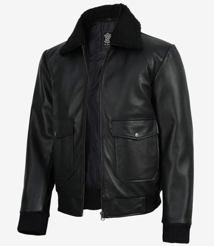 mens black leather flight jacket with detachable faux shearling collar