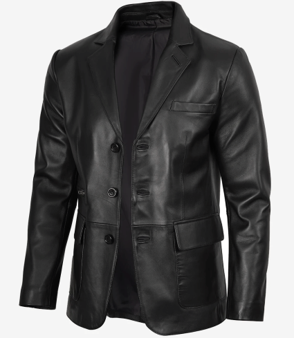 mens black three button leather blazer