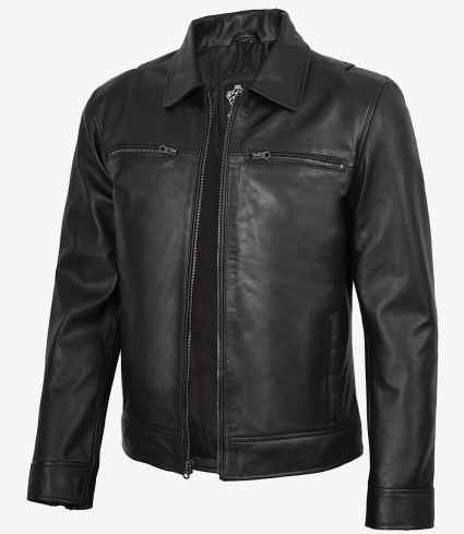 mens black leather jacket harrington style