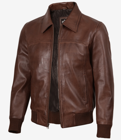 mens dark brown removable hood leather bomber jacket