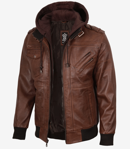 mens cognac brown wax leather bomber jacket