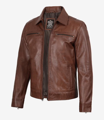 mens cognac brown leather jacket shirt collar style
