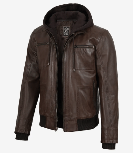 mens cognac lambskin waxed leather jacket detachable hood