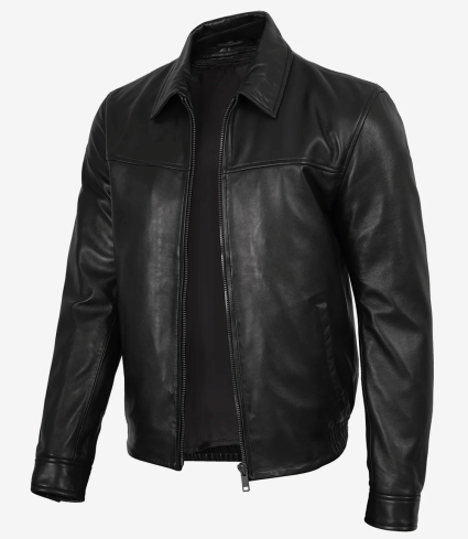 mens black leather harrington bomber jacket
