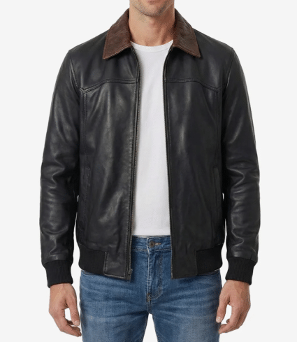 mens black leather bomber jacket with detachable hood