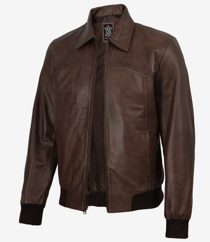 mens black bomber leather jacket dark brown shirt collar
