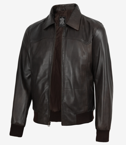 mens dark brown bomber real leather jacket harrington style