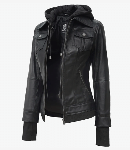 Tralee Black Bomber Women'S Leather Jacket With Removable Hood