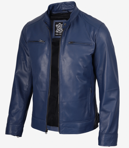 mens blue cafe racer leather jacket