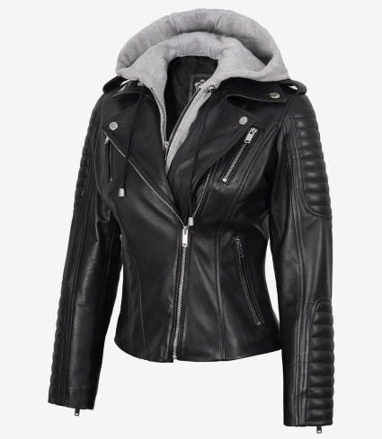 Women Black Biker Real Leather Jacket — Removable Hood
