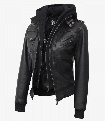 Women'S Bomber Black Leather Jacket With Removable Hood