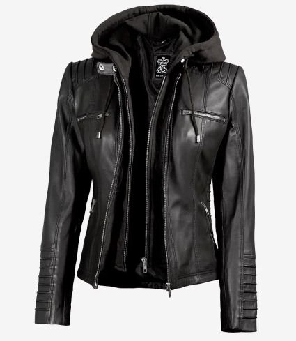 Women'S Black Leather Jacket With Removable Hood