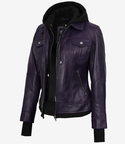 Women'S Purple Leather Jacket With Removable Hood