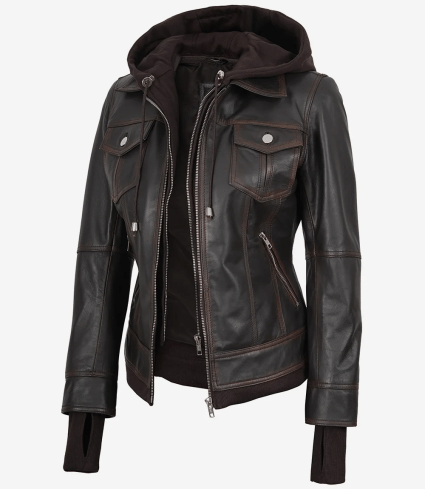 Tralee Dark Brown Womens Leather Jacket With Hood