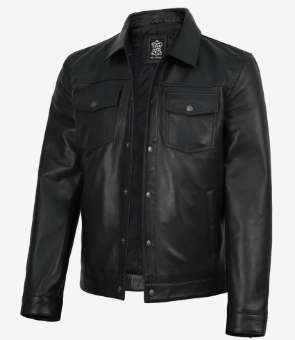 mens black leather shirt jacket with snap button front