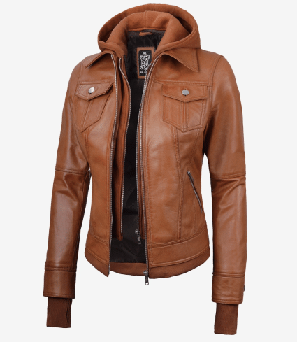 Women'S Tan Wax Bomber Real Leather Jacket — Detachable Hood