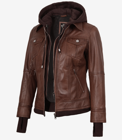 Cognac Brown Wax Women'S Bomber Leather Jacket — Removable Hood