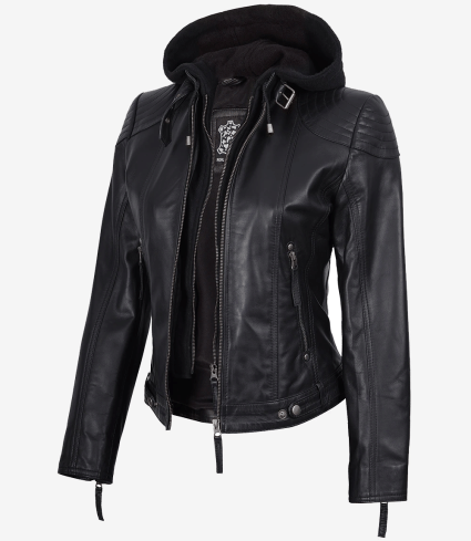 Women'S Black Real Leather Jacket With Removable Hood