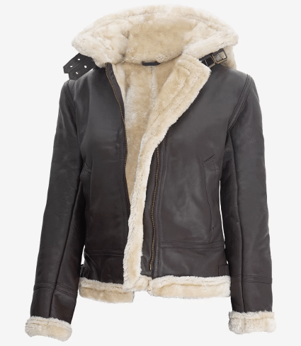 Women'S Dark Brown Shearling Hooded Leather Jacket