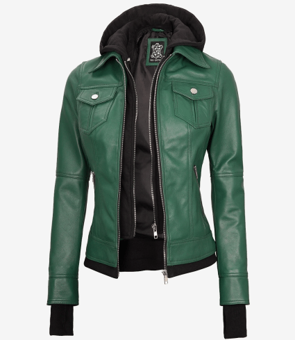 Tralee Women'S Green Real Leather Jacket With Hood