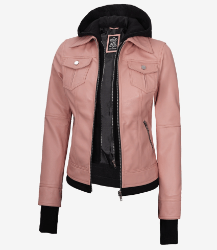 Tralee Women'S Bomber Pink Real Leather Jacket With Hood