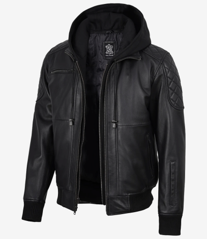 mens black hooded leather bomber jacket with quilted shoulders
