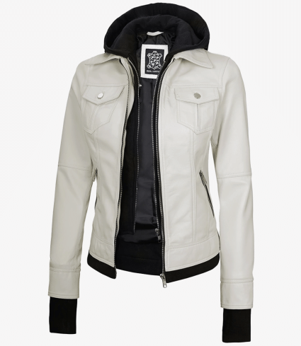 Women'S Bomber Off White Leather Jacket With Removable Hood