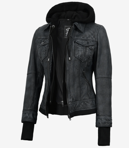 Tralee Women'S Black Bomber Washed Hooded Leather Jacket