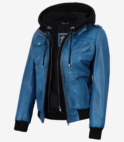 Women'S Bomber Blue Wax Leather Jacket With Removable Hood