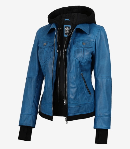 Tralee Women'S Vivid Blue Lambskin Jacket - Detachable Hood With Thumbholes