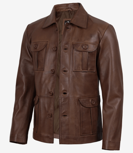 mens cognac wax leather four pocket field jacket