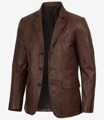 mens cognac three button leather blazer