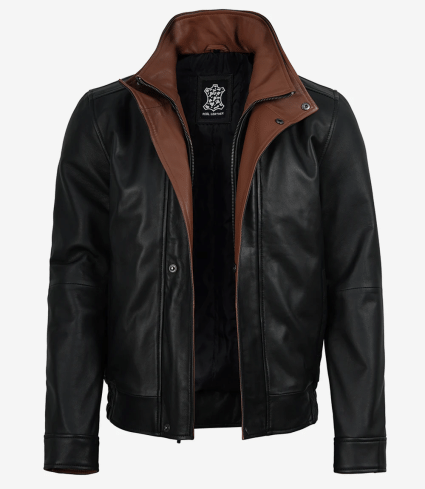mens black bomber leather jacket brown lapel collar