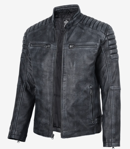 mens washed black distressed lambskin cafe racer jacket
