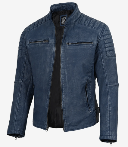 mens washed blue distressed leather cafe racer jacket
