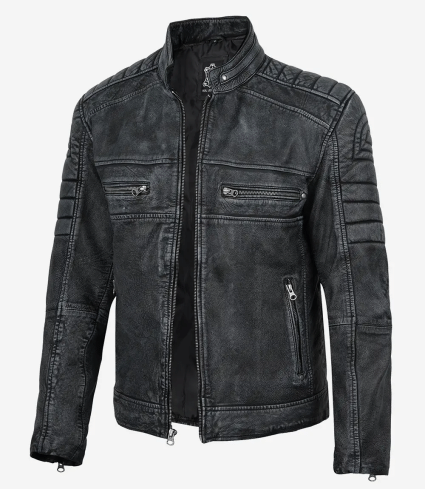 mens washed black distressed cafe racer leather jacket