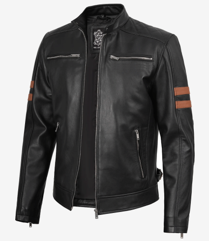 mens black cafe racer leather jacket with cognac stripes
