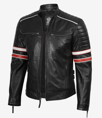 mens black cafe racer leather jacket with red & white stripes
