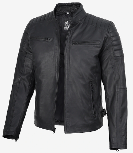 mens padded matte black cafe racer leather jacket