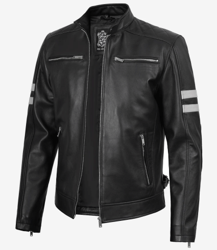 mens black cafe racer leather jacket with white stripes