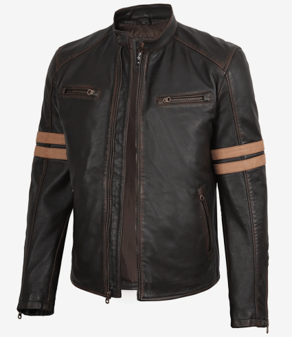 mens dark brown vintage leather biker jacket with racing stripes
