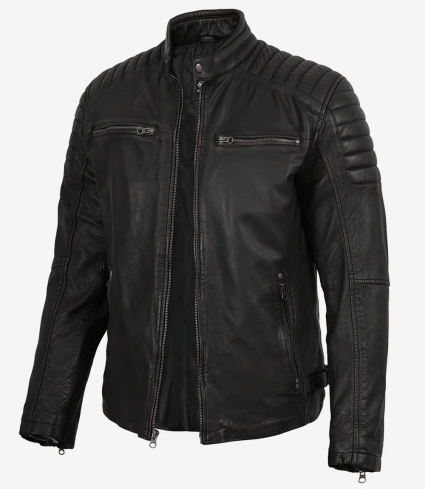 mens maroon distressed black washed biker leather jacket
