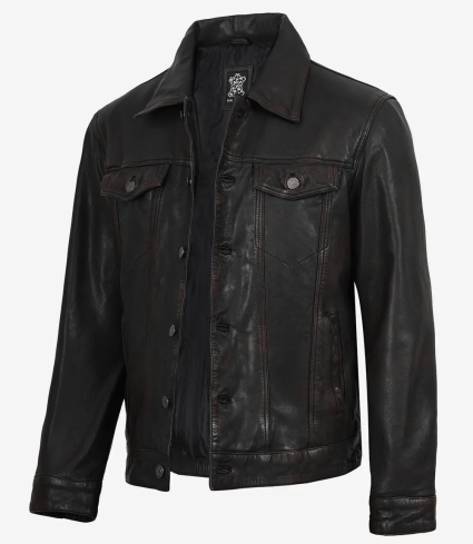 mens maroon distressed black washed leather jacket trucker style