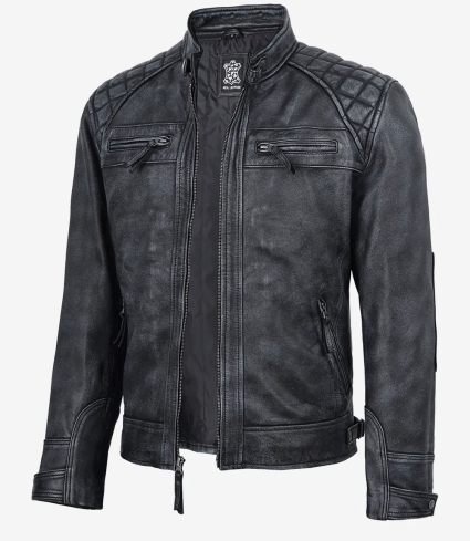 mens black distressed washed leather biker jacket