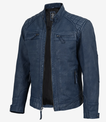 mens blue distressed washed leather moto jacket