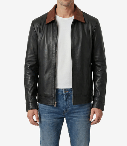 mens black dual tone harrington leather jacket with cognac collar