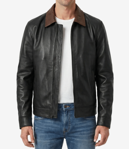 mens black harrington leather jacket with dark brown collar