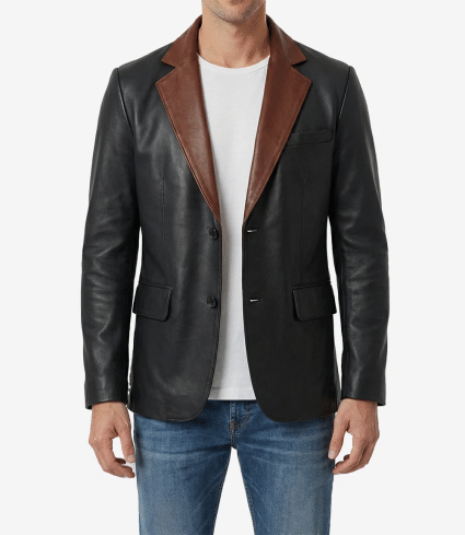 mens two tone black leather blazer with cognac brown lapel