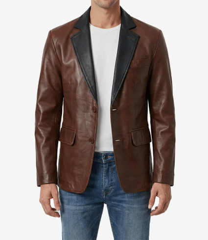 mens two tone cognac brown leather blazer with black lapel