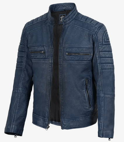 mens washed blue cafe racer leather jacket denim style